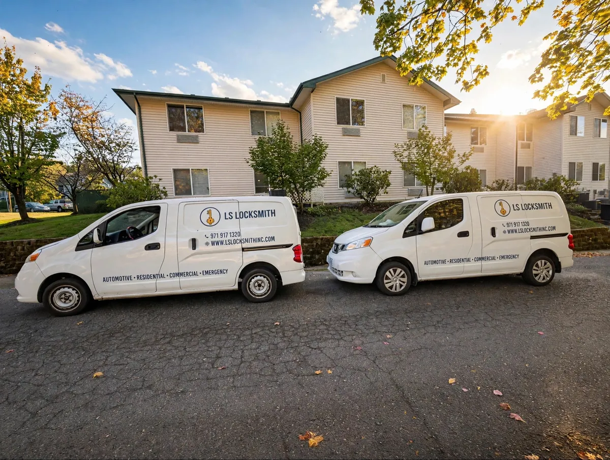 Two vans displaying LS Locksmith branding