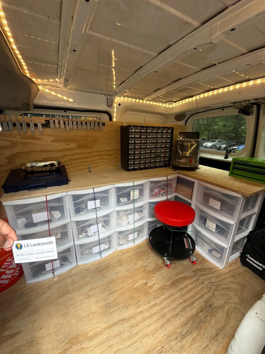 Organized locksmith tools and storage inside the LS Locksmith mobile workshop