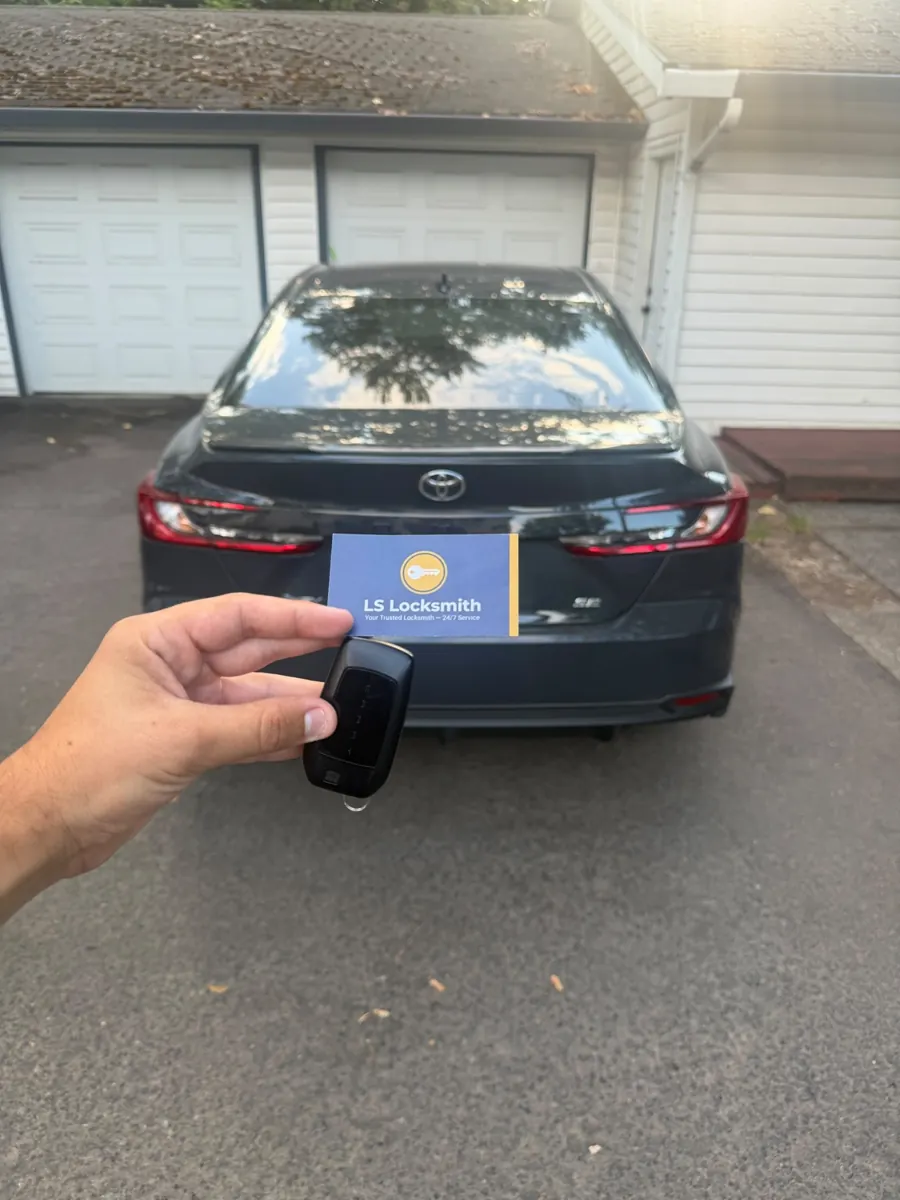 Toyota vehicle and key shown with an LS Locksmith business card